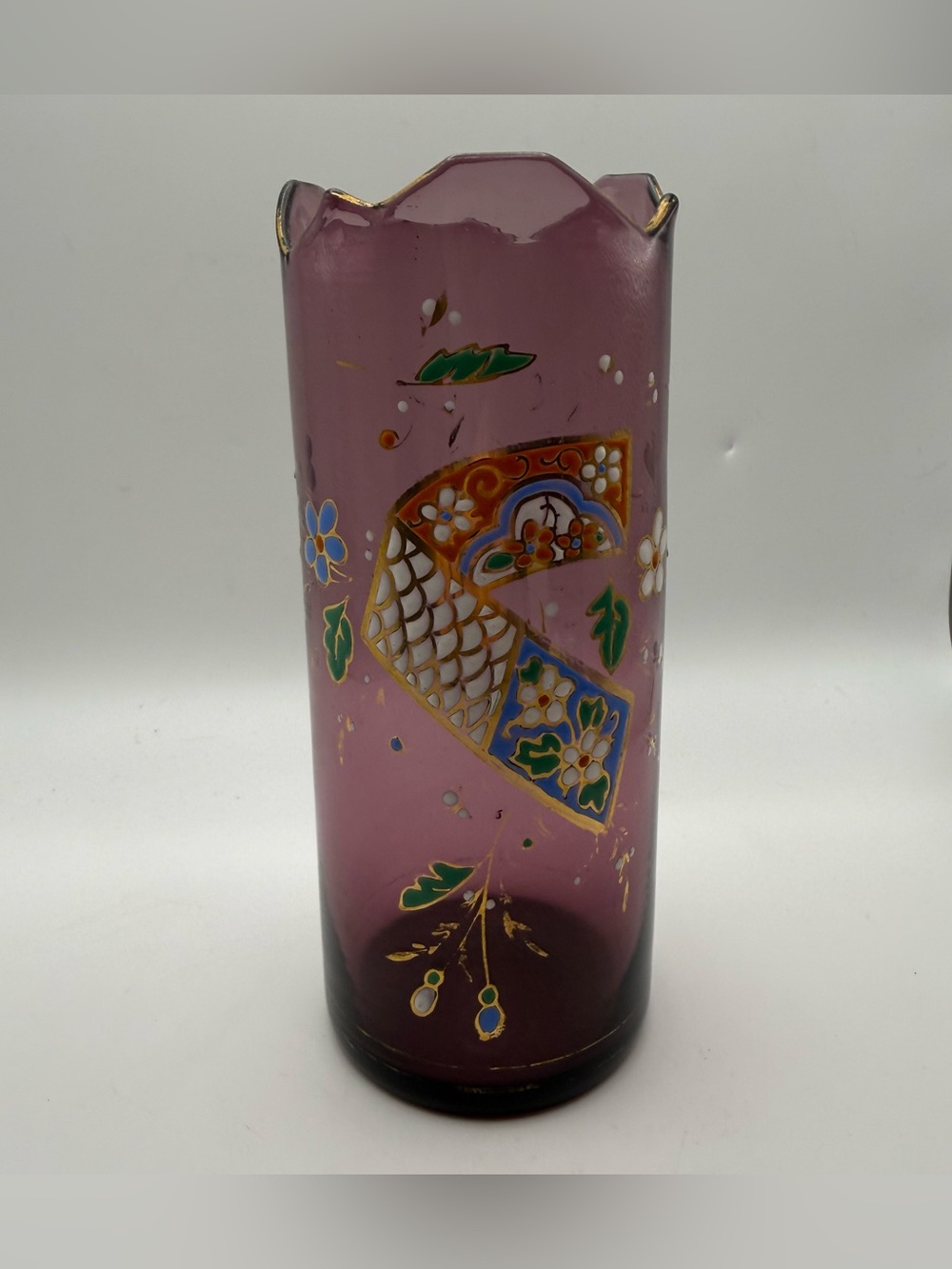 Antique Harrach Amethyst Art Glass Vase Enameled Gold Aesthetic Movement 1880s